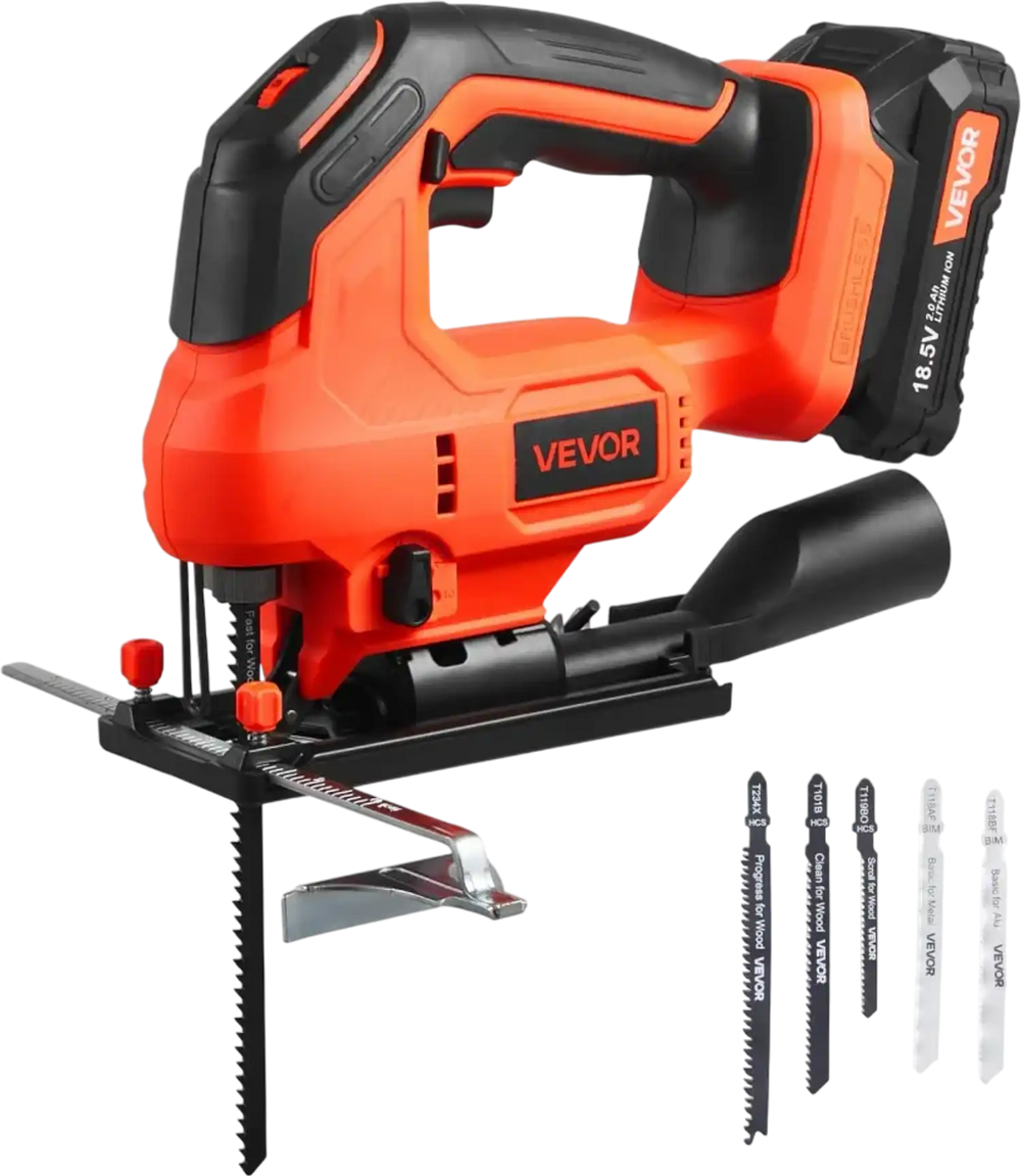 VEVOR Cordless Jig Saw, 20 V Brushless Motor, 3500 SPM Blade Speed, Cordless Jigsaw with 6 pcs Blades, LED Light, 6 Variable Speed, 0- 45° Bevel Cuts, 4 Orbital Settings, for Wood and Metal Cutting