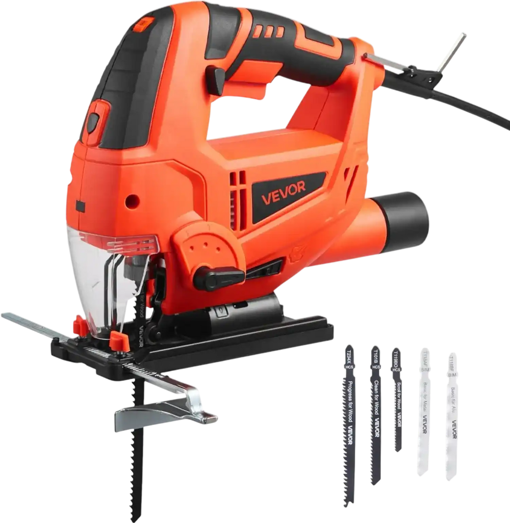 VEVOR Jig Saw, 6.5 Amp, 3000 SPM Blade Speed, Electric Jigsaw with 6 pcs Blades, LED Light, 6 Variable Speed, 0- 45° Bevel Cuts, 4 Orbital Settings for Straight/Circle Cutting, for Wood and Metal