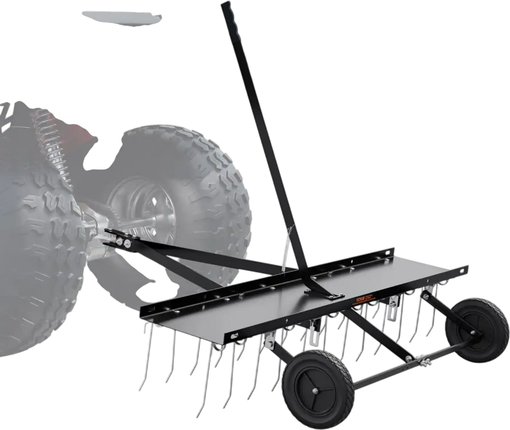VEVOR Tow Behind Dethatcher, 48-inch Tow Dethatcher with 24 Spring Steel Tines, Lawn Dethatcher Rake for ATV or Mower, Tow Behind Lawn Rake with Lift Handle for Garden Farm Grass