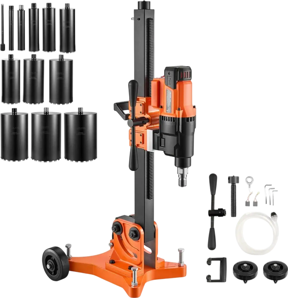 VEVOR Diamond Core Drilling Machine, 0.8-12 in Drilling Capacity, Dry/Wet Concrete Core Drill Rig with 12 Drill Bits,  Tiltable Stand & Wheeled Base, 3200W 800RPM/430RPM, UNC1 1/4–7 Thread