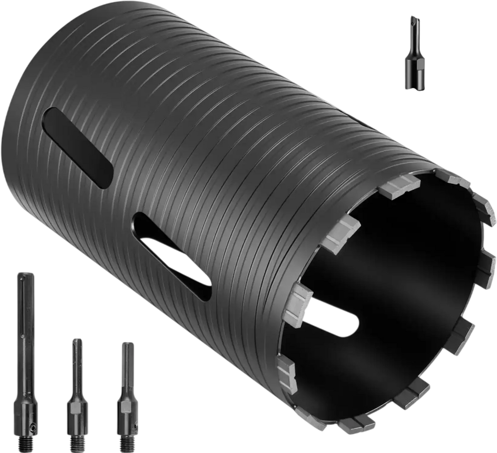 VEVOR Core Drill Bit, 6 inch Diameter, 9-1/2 inch Drilling Depth, 5/8-11 Internal Thread, Diamond Dry Coring Bit with 3 Adapters, Pilot Drill and Hex Wrench, for Concrete, Red Bricks, and Masonry
