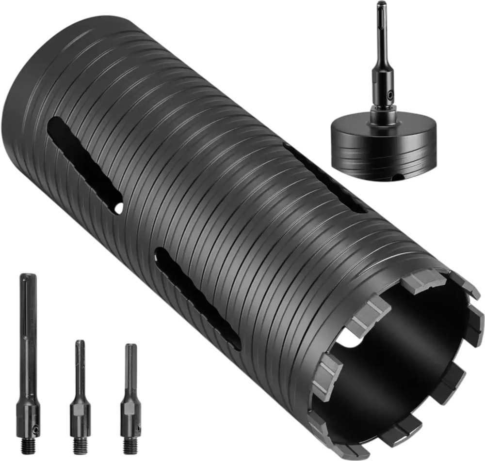 VEVOR Core Drill Bit, 4-1/4 inch Diameter, 9-1/2 inch Drilling Depth, 5/8-11 Internal Thread, Diamond Dry Coring Bit with 3 Adapters, Pilot Drill and Hex Wrench, for Concrete, Red Bricks, and Masonry