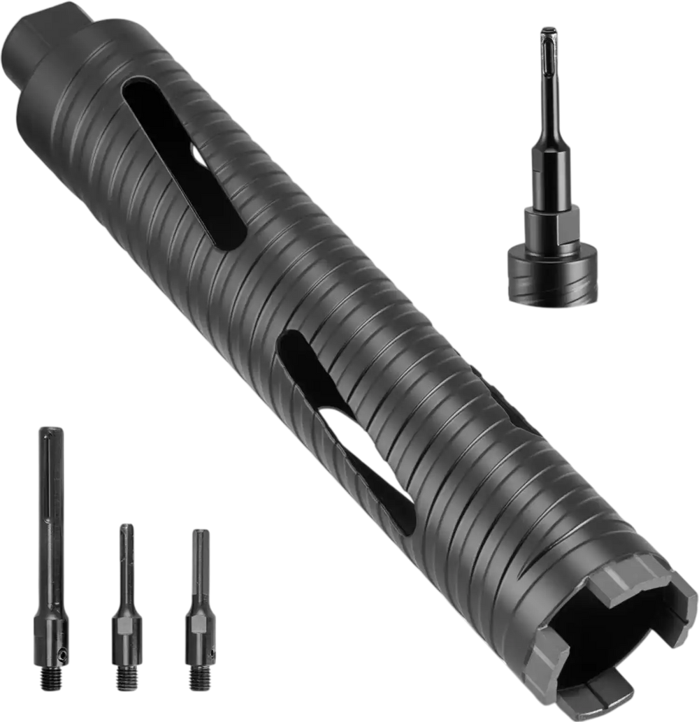 VEVOR Core Drill Bit, 2 inch Diameter, 9-1/2 inch Drilling Depth, 5/8-11 Internal Thread, Diamond Dry Coring Bit with 3 Adapters, Pilot Drill and Hex Wrench, for Concrete, Red Bricks, and Masonry