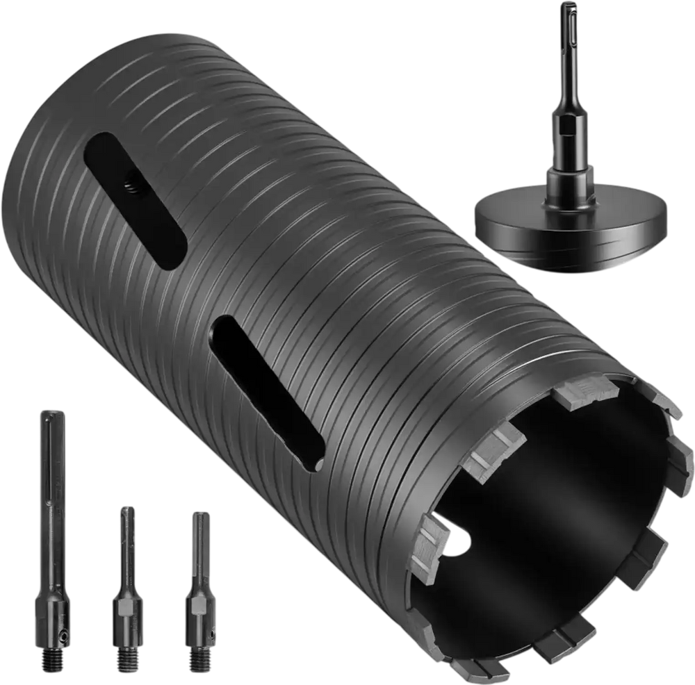VEVOR Core Drill Bit, 4-1/2 inch Diameter, 9-1/2 inch Drilling Depth, 5/8-11 Internal Thread, Diamond Dry Coring Bit with 3 Adapters, Pilot Drill and Hex Wrench, for Concrete, Red Bricks, and Masonry