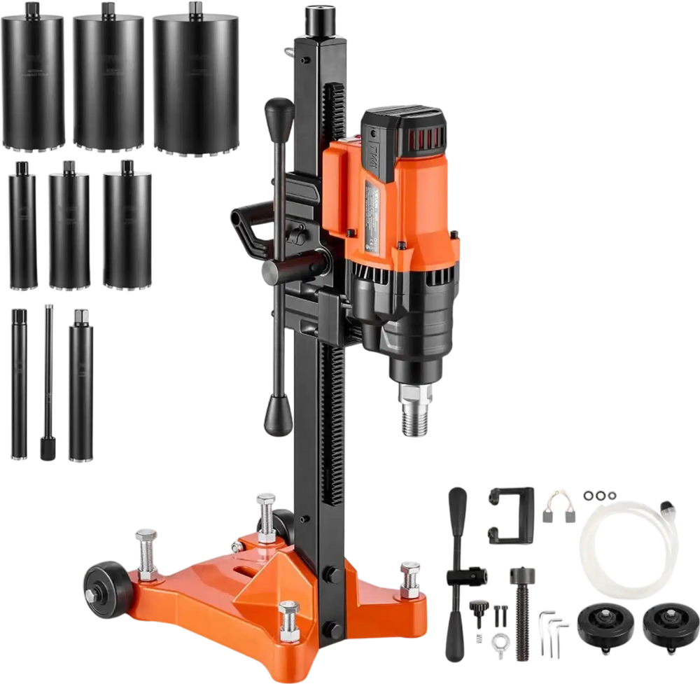VEVOR Diamond Core Drilling Machine, 0.8–8 in Drilling Diameter, Rolling Dry and Wet Concrete Core Drill Rig with 8 Drill Bits & Wheeled Stand, 3000W 800 RPM Speed, UNC1 1/4–7 Thread