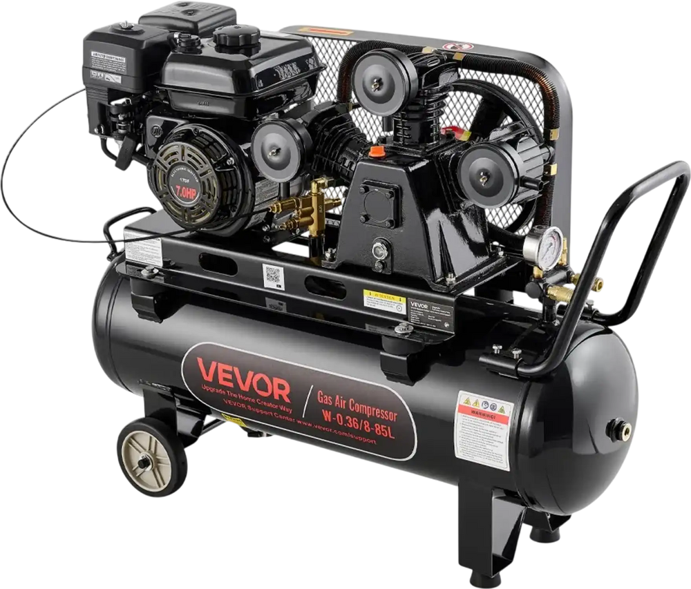 VEVOR 20 Gallon Gas Powered Air Compressor, 7HP 6.2CFM at 90 PSI Air Tank, Gas-Driven Air Compression System with Three-Cylinder Piston Pump, 115 PSI Max Pressure, 2 Wheels for Workshops Constructions