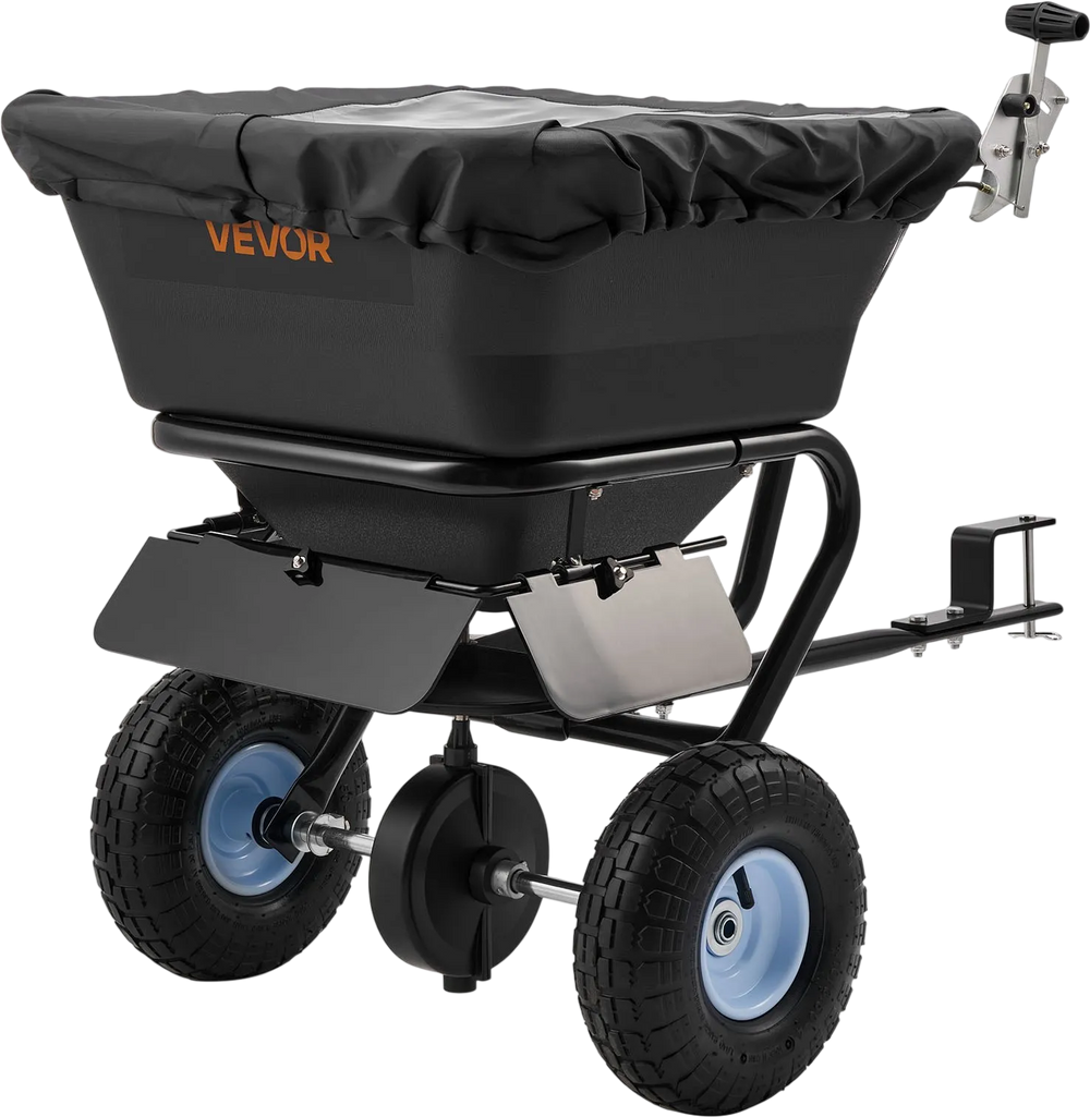 VEVOR Tow-Behind Spreader, 9.8 ft Spreading Width, Broadcast Spreader with 10" All-Terrain Tires, 85 lbs Capacity Hopper, Adjustable Flow Control, Lawn Spreaders for Seed Fertilizer Ice Melt