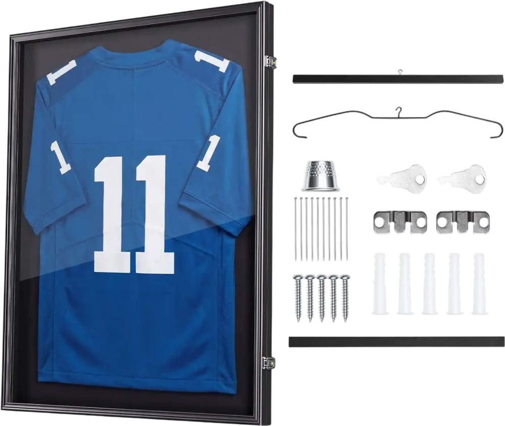 VEVOR Jersey Frame Display Case, 35.4 x 27.6 x 1.5 in, Lockable Wooden Sport Jersey Shadow Box with 98% UV Protection PC Panel and Hanger, for Baseball Basketball Football Hockey Shirt and Uniform