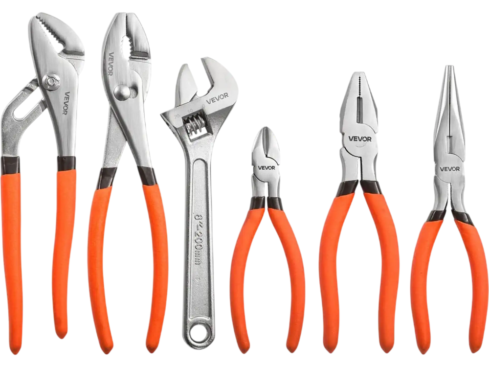 VEVOR Pliers and Wrench Set 6-Piece Utility Set Polished Carbon Steel Jaw, Hand Tools for DIY & Home Use, 10" Groove Joint, 10" Slip Joint, 8" Long Nose, 8" Combination, 6" Diagonal Pliers, 8" Wrench