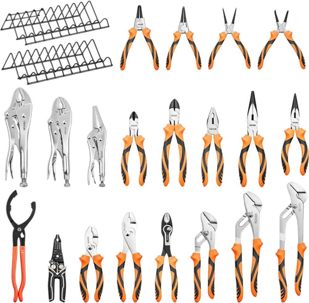 VEVOR Pliers Set 20-Piece Utility Set Polished Carbon Steel Jaw Hand Tools, For DIY & Home Use, Long Nose, Locking, Diagonal, Groove Joint, Snap Ring, Slip Joint Pliers, with 2-Pack Organizer Rack