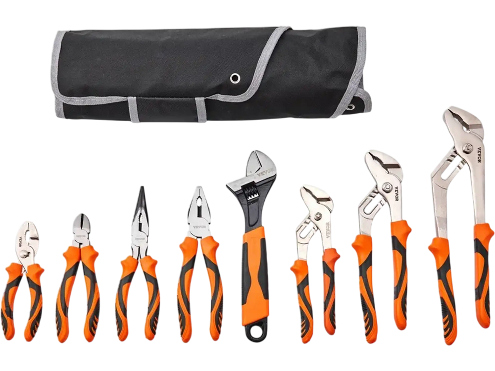 VEVOR 8-Piece Pliers Set, High Carbon Steel, 12"/10"/8" Groove Joint Pliers, 8" Linesman's Pliers, 6" Slip Joint Pliers, 8" Long Nose Pliers, 6" Diagonal Cutter, 10" Adjustable Wrench, and Tool Bag