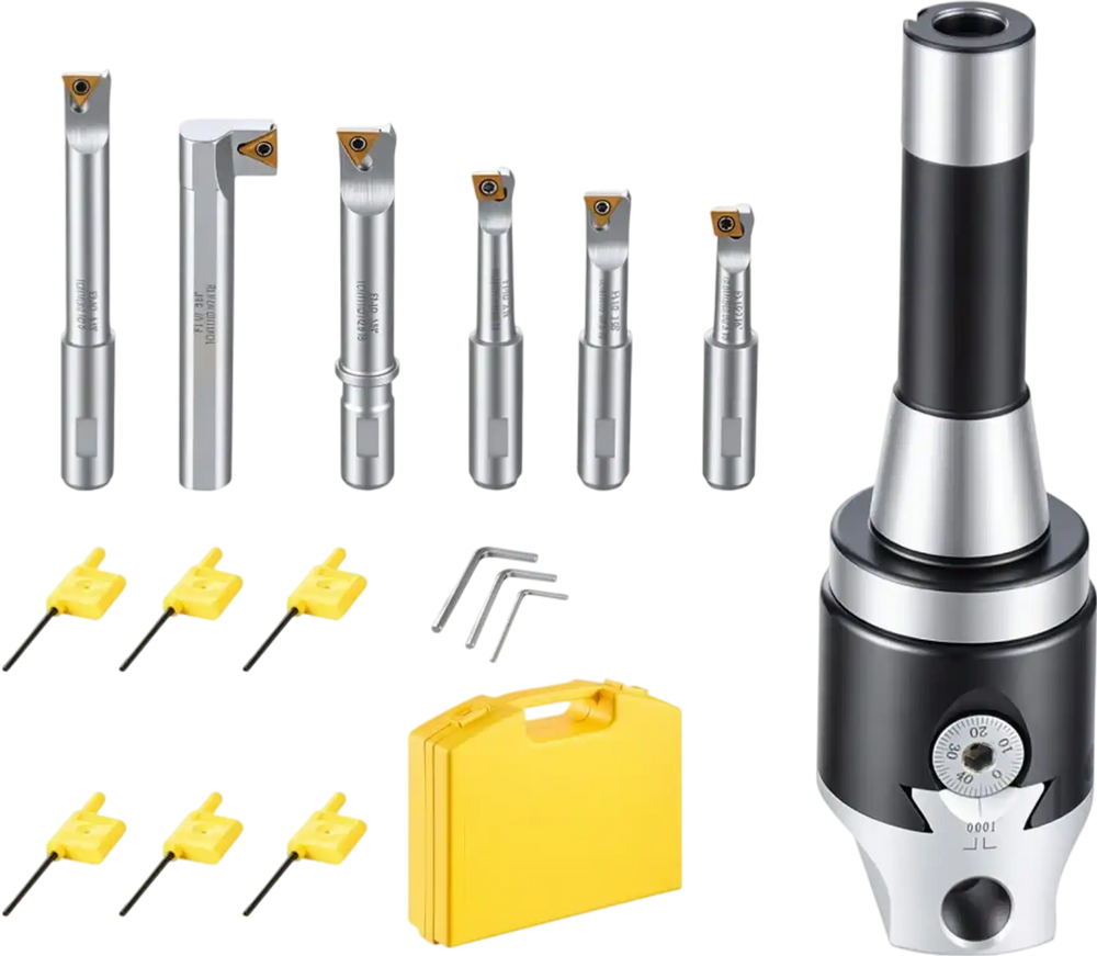 VEVOR R8 Boring Head 2-Inch Indexable 8 Piece Boring Bar Set with R8 Shank, for Milling Machine Drill Press, 7/16" to 4-1/2", Precision Bore Diameter Adjustment, Hardened & Ground, Labeled Storage Box