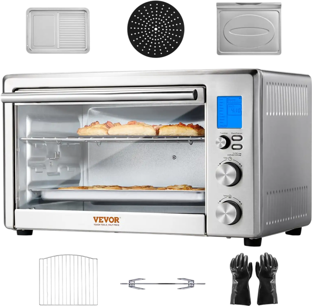 VEVOR 10-IN-1 Convection Oven, 28L/29.6Qt Multifunctional Conventional Oven Countertop, 1800W 4-Tier Toaster with Front Glass Door, with Trays Wire Racks Gloves, Home and Commercial Use