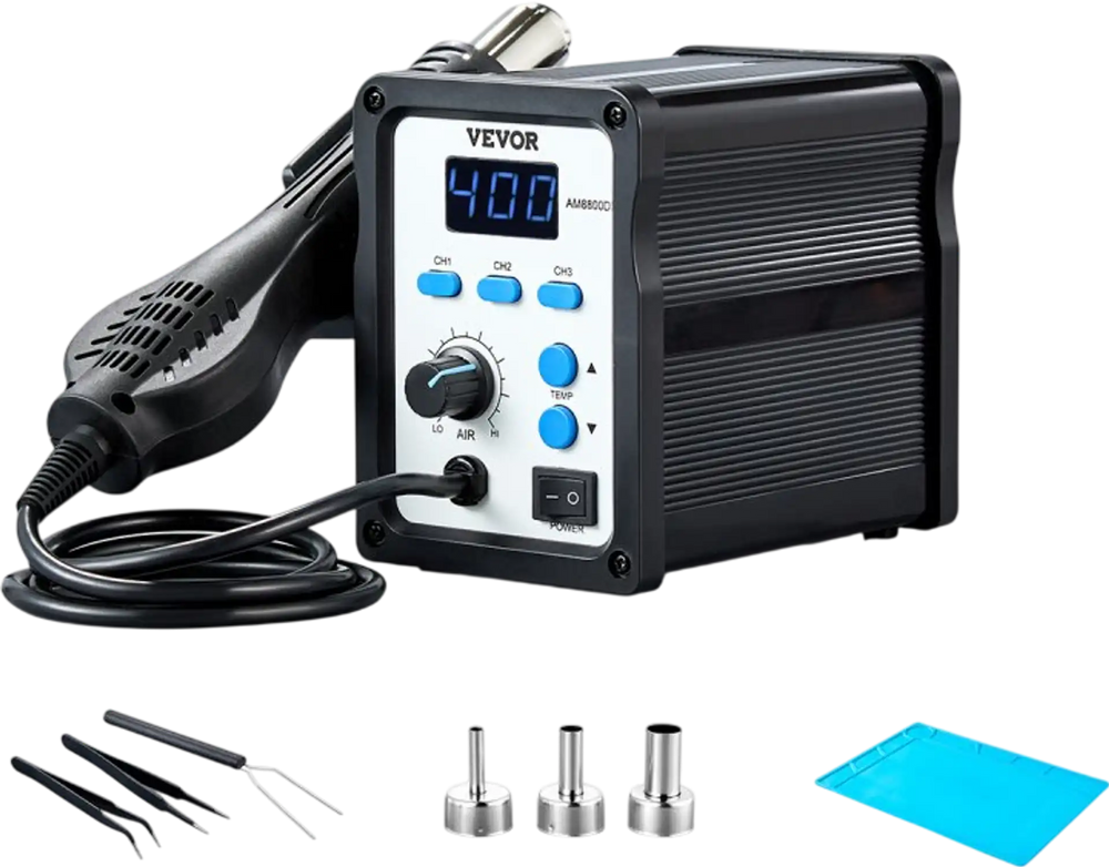 VEVOR Hot Air Rework Station, 700W Digital Display SMD Rework Station, 212℉-932℉ Hot Air Gun with Adjustable Airflow, 3 Pre-Set Channels & ℃/℉ Conversion for Chip Dismantling, Electronics Repair