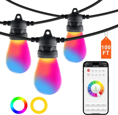 VEVOR RGB Outdoor String Lights, 100FT, Outside Patio Lights with APP Control 30 Bulbs, 15 Single-Color Adjustable Brightness Time Setting, Waterproof Hanging Lights for Halloween Decoration Christmas