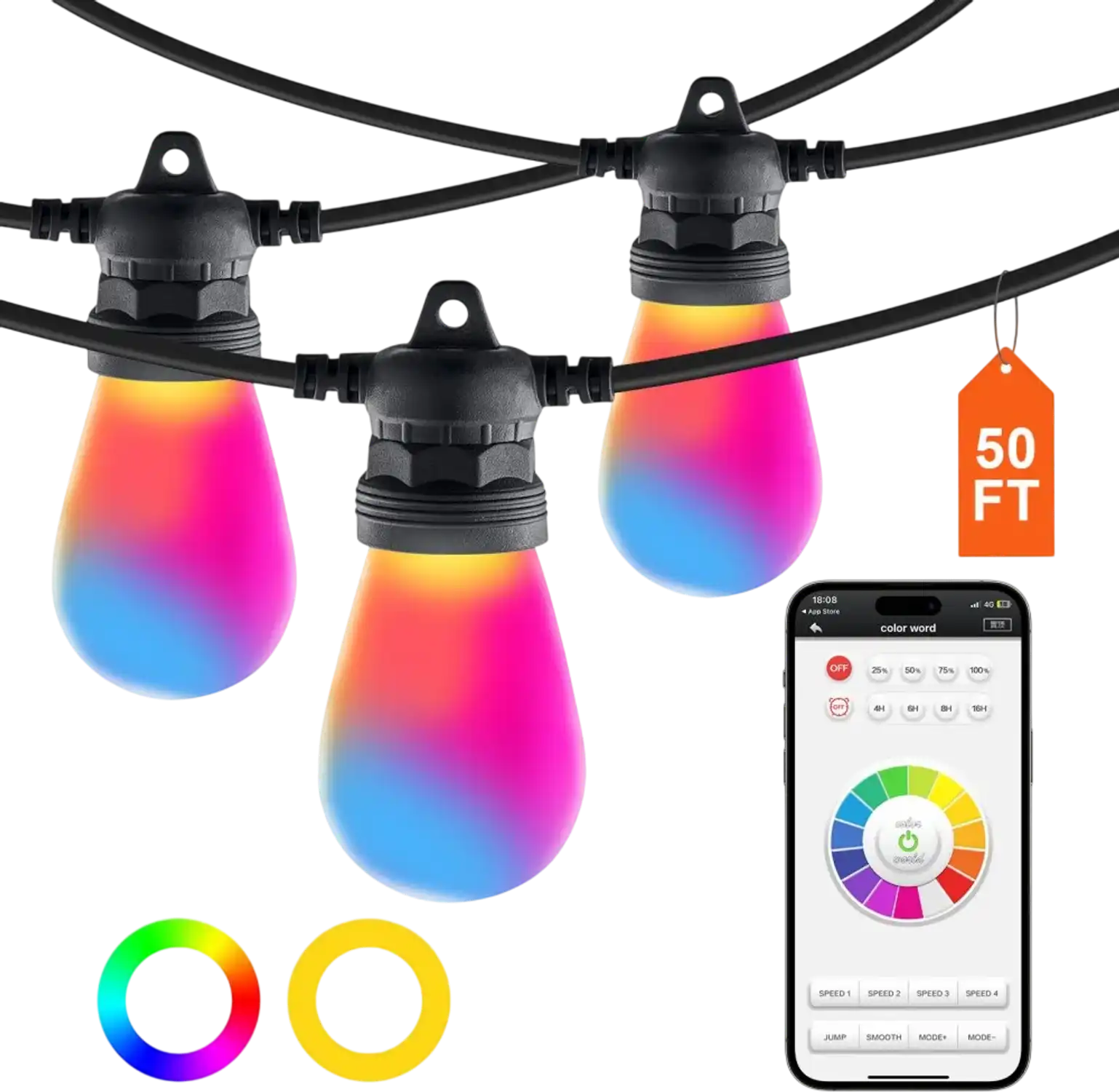 Vevor Outdoor String Lights 50' RGB App-Control Patio Lights New
