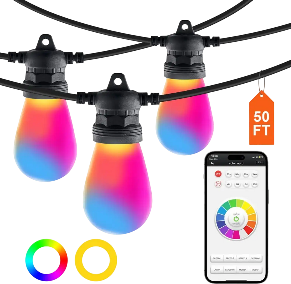 VEVOR RGB Outdoor String Lights, 50FT, Outside Patio Lights with APP Control 15 Bulbs, 15 Single-Color Adjustable Brightness Time Setting, Waterproof Hanging Lights for Halloween Decorations Christmas
