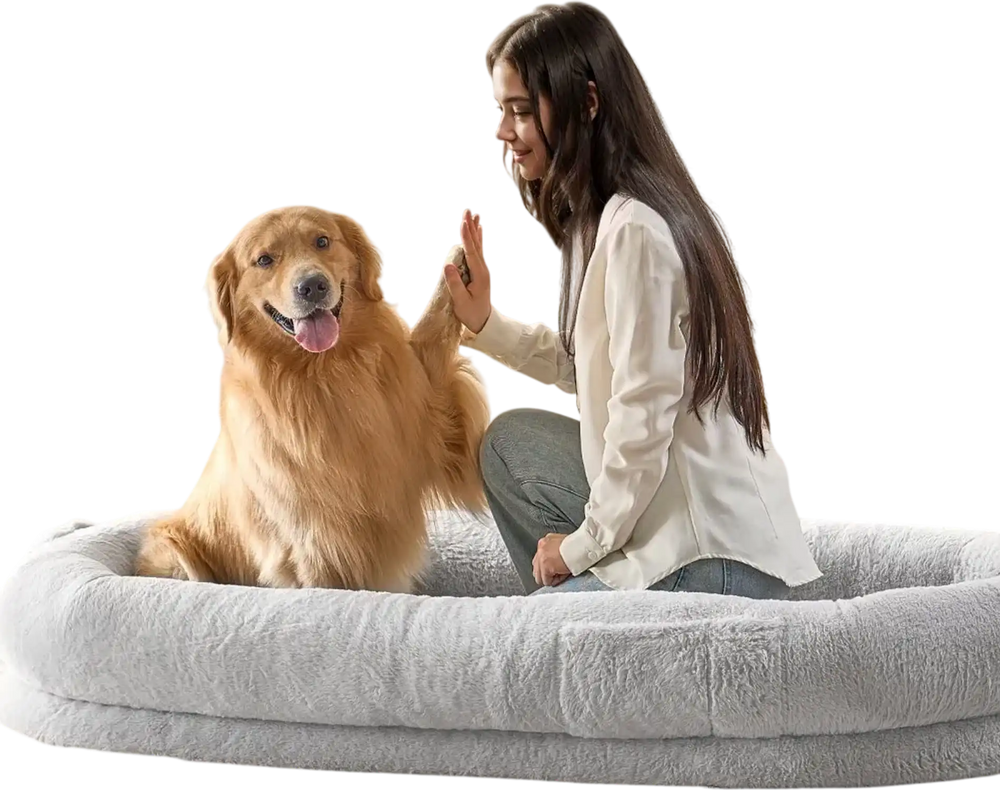 VEVOR Human Dog Bed, 67.7"x35"x9.8" Human Dog Bed for Adult, Human Size Dog Bed with Washable Faux Rabbit Fur Cover, Egg Orthopedic Foam, Storage Pocket, Large Dog Bean Bed, Light Grey