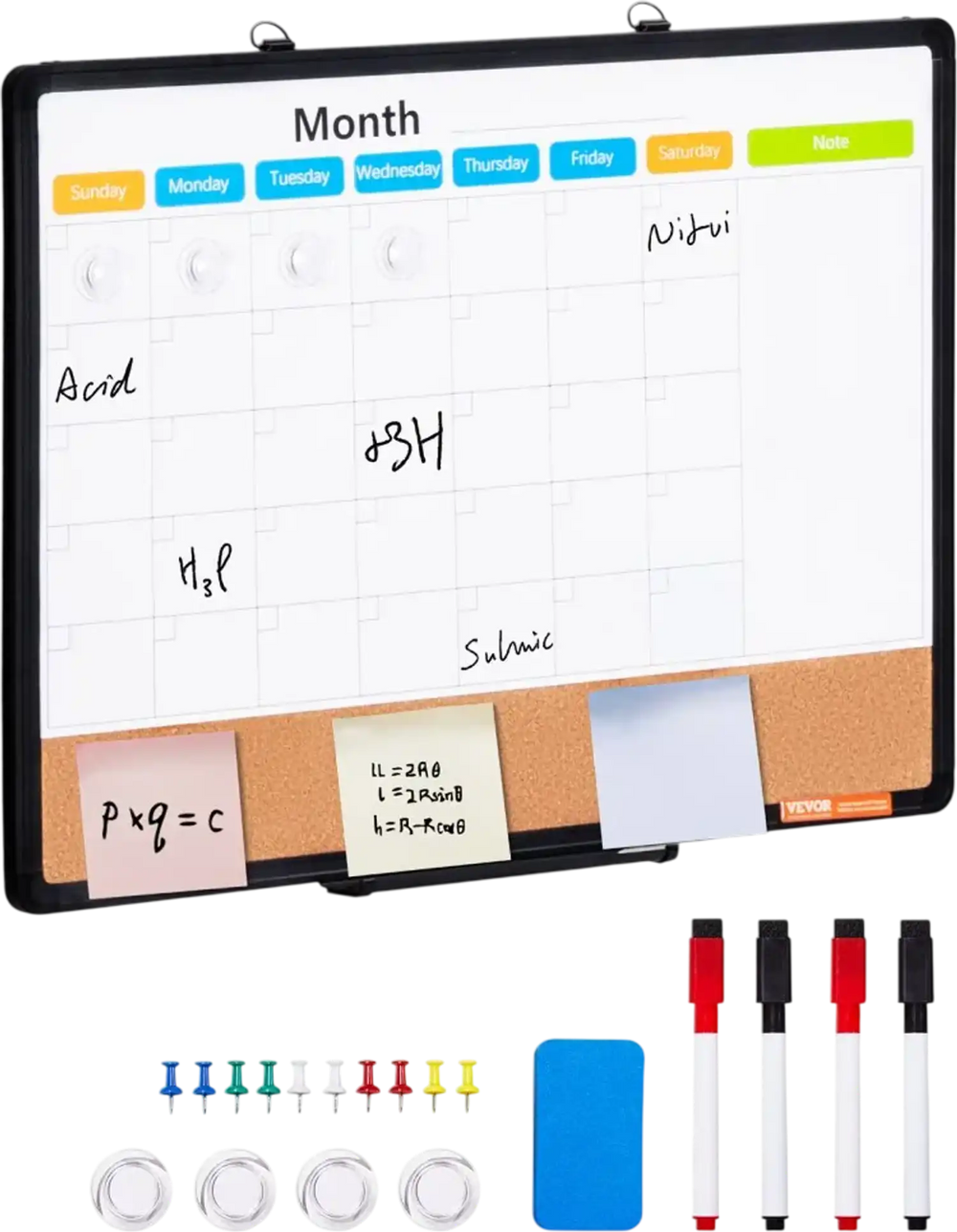 VEVOR 24"x 18" Monthly Calendar Whiteboard & Cork Board Combo with Aluminum Frame – 2-in-1 Magnetic Dry Erase Bulletin Board for Wall Mount – Ideal for School, Home, Office
