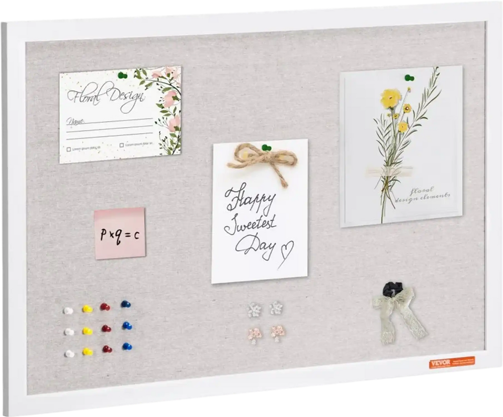 VEVOR 30"x20" White Cork Board with Linen Surface – Stylish Wall-Mounted Bulletin Board for Home, School, Office – Elegant & Functional Noticeboard