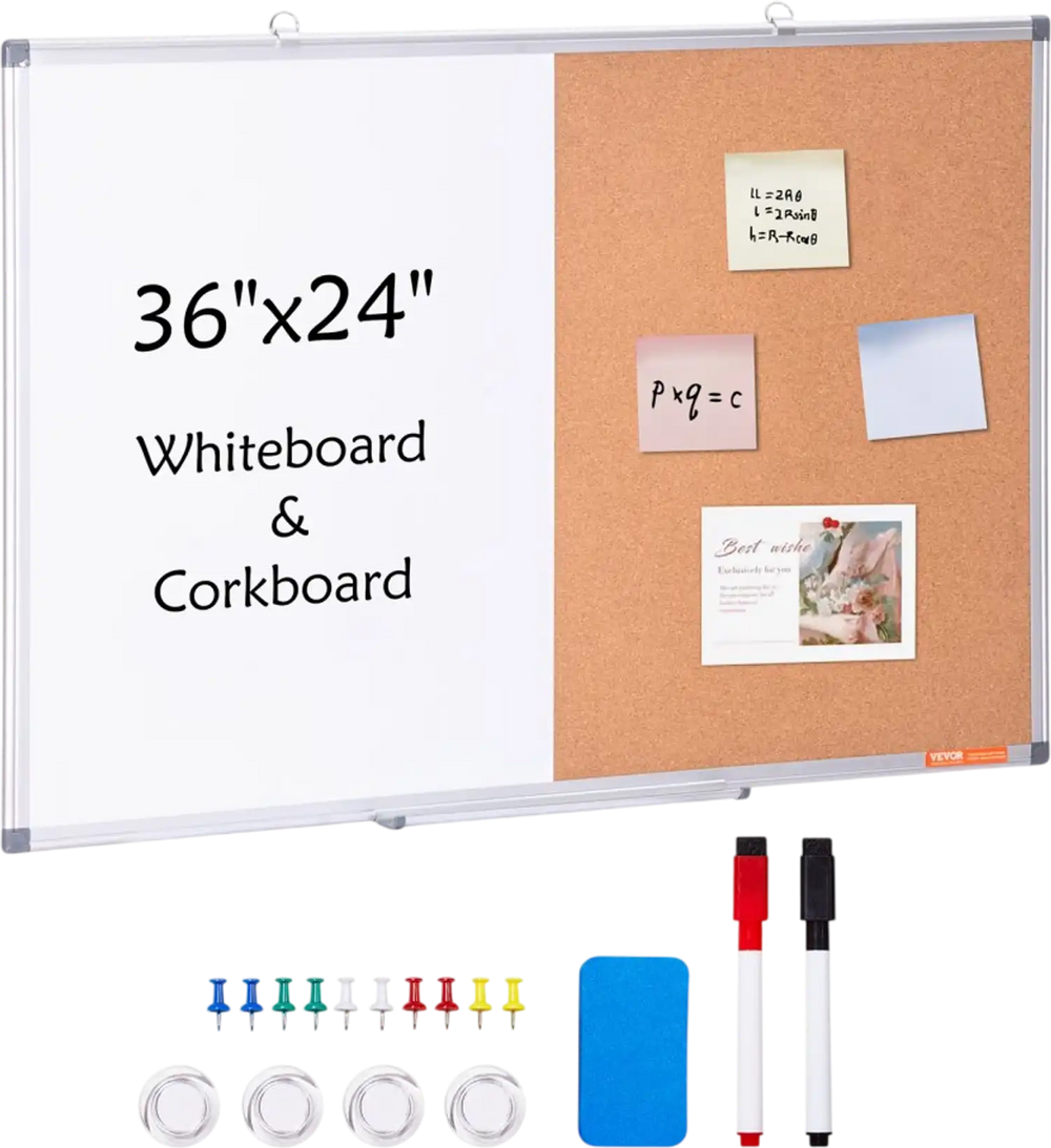 VEVOR 36"x 24" Whiteboard & Cork Board Combo with Aluminum Frame – 2-in-1 Magnetic Dry Erase Bulletin Board for Wall Mount – Ideal for School, Home, Office