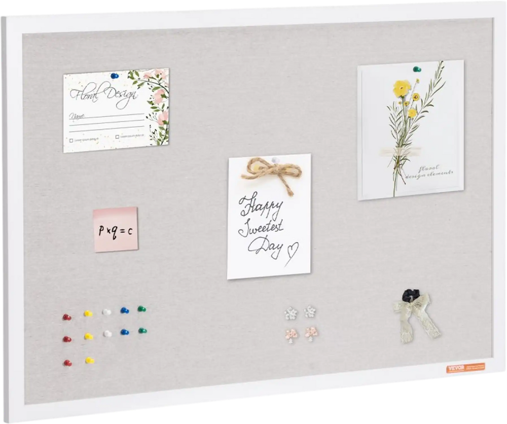 VEVOR 36"x24" White Cork Board with Linen Surface – Stylish Wall-Mounted Bulletin Board for Home, School, Office – Elegant & Functional Noticeboard