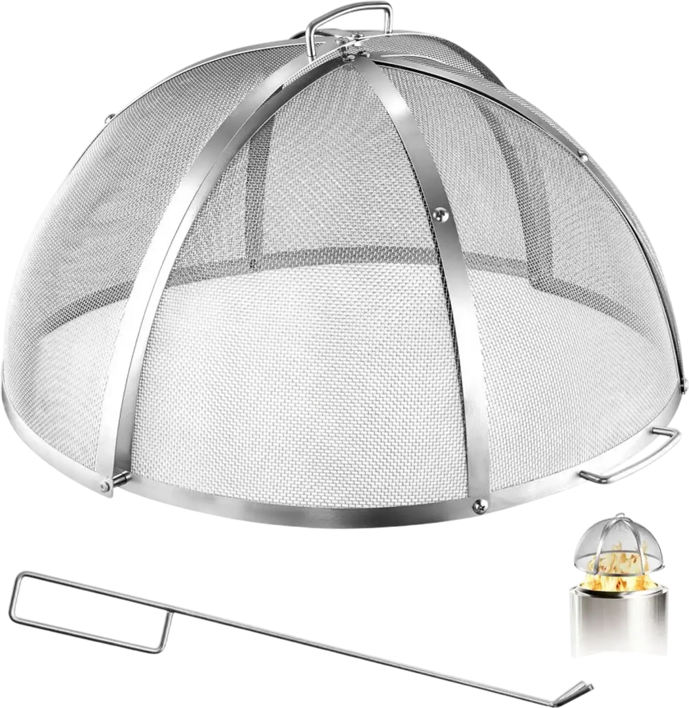 VEVOR Fire Pit Spark Screen, 26 inch Dome, Stainless Steel Mesh Cover Lid, for Outdoor, Patio, Backyard, Camping, Party, with Handles and Poker, High Temperature Tolerant, Help Block Sparks, Silver