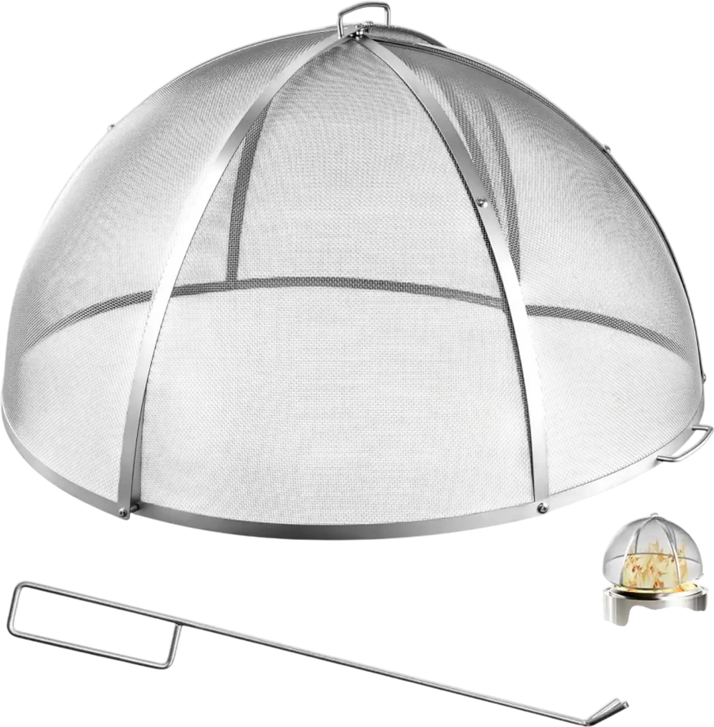 VEVOR Fire Pit Spark Screen, 40 inch Dome, Stainless Steel Mesh Cover Lid, for Outdoor, Patio, Backyard, Camping, Party, with Handles and Poker, High Temperature Tolerant, Help Block Sparks, Silver