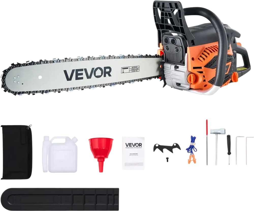 VEVOR 62 cc Gas Chainsaw, 20 inch Gas Powered Chainsaw, 3.8 HP Power Chain Saw with Non-Slip Handle, Gas-Powered Chainsaws with Dual Fuel Tanks, For Wood Cutting, Tree Trimming, and Land Clearing