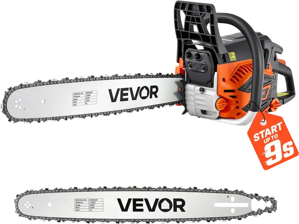 VEVOR Gas Powered Chainsaw 18 & 20 Inch 58CC 3.22HP 2 Stroke Engine Saw, for Wood Cutting, Tree Trimming & Land Clearing, Throttle-Synced Choke, Power Chain Saw with Non-Slip Handle & Dual Tanks