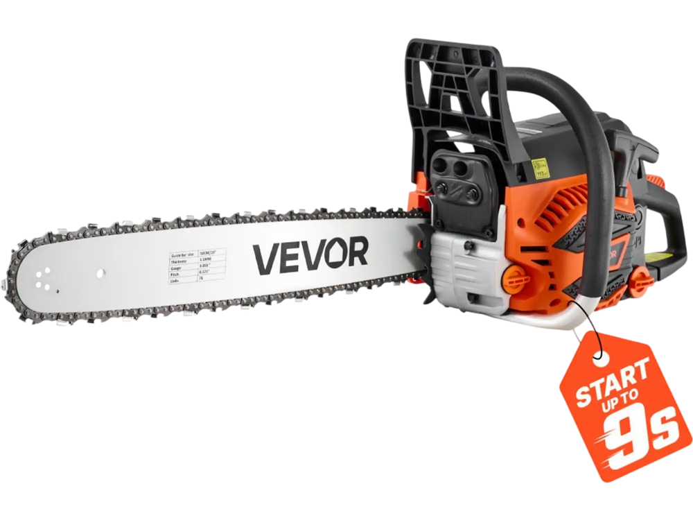VEVOR Gas Powered Chainsaw 20 Inch 58CC 3.22HP 2 Stroke Engine Gas Chainsaw, for Wood Cutting, Tree Trimming & Land Clearing, Throttle-Synced Choke, Power Chain Saw with Non-Slip Handle & Dual Tanks