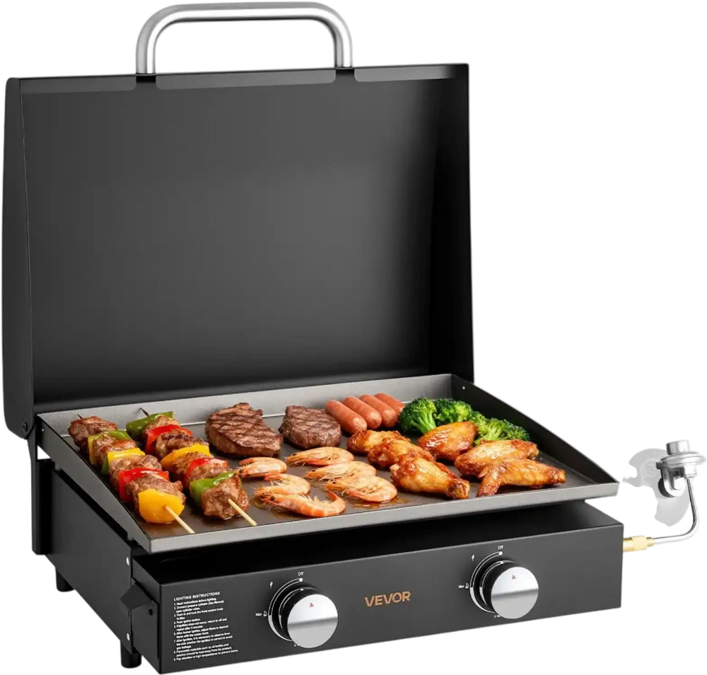 VEVOR Gas Griddle, 2 Burner Tabletop Griddle, 22 inch Portable Griddles Propane with Lid, Oil Drain Hole & Oil Collection Tray, 2 x 11000BTU Camping Flat Top Grill for Outdoor Cooking, Tailgating