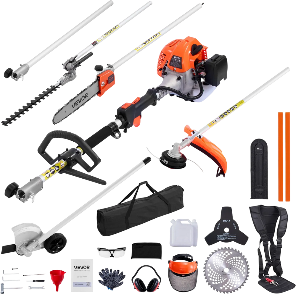 VEVOR Gas Hedge Trimmer, 2 Cycle Gas Power Handheld Trimmer, 6-in-1 26cc Weed Eater with Extension Pole & Protective Gear Set, Includes Hedge & String Trimmer, Brush Cutter(3T & 40T), Edger, Pole Saw