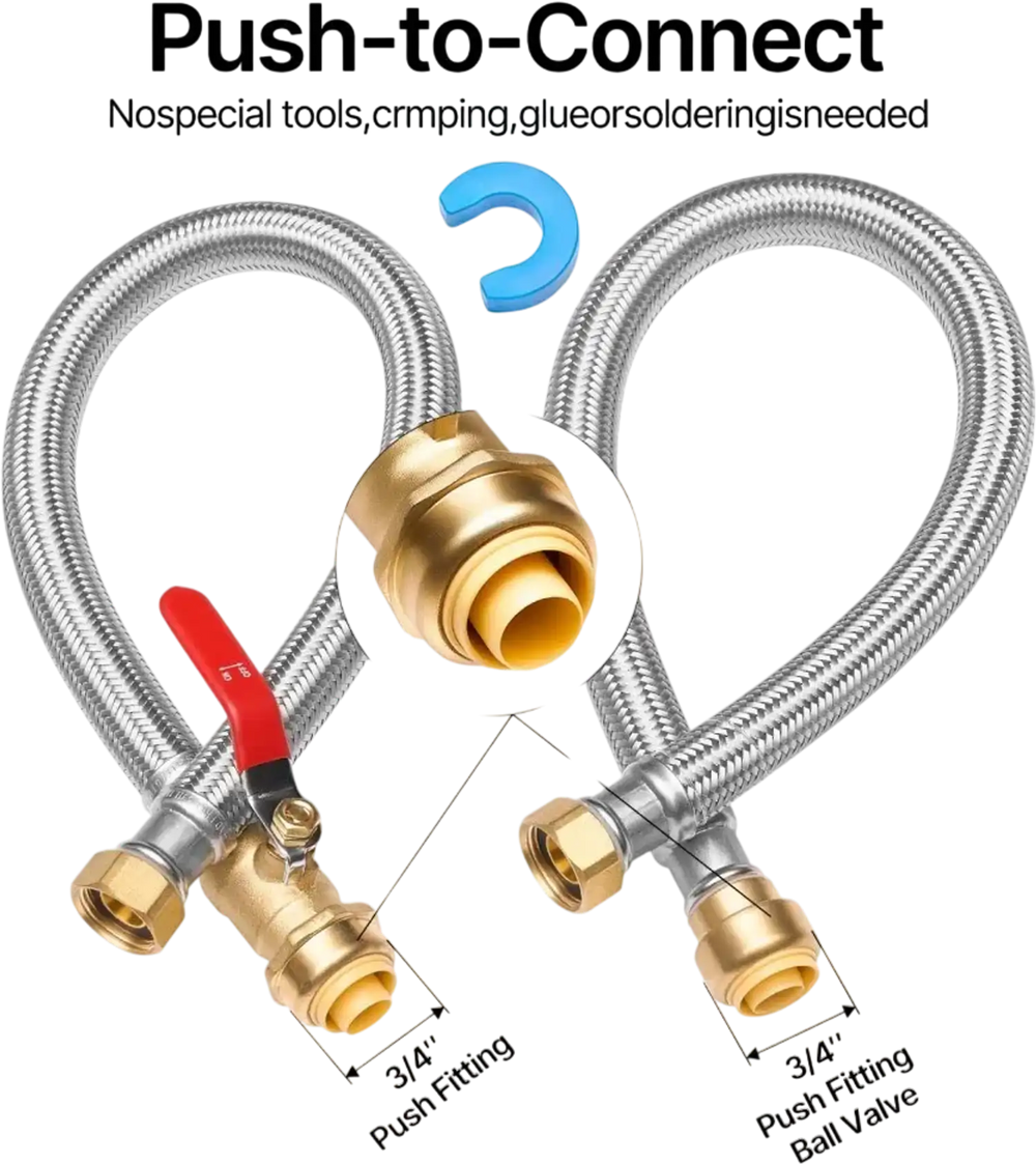 VEVOR Water Heater Kit, Push-Fit Valve Flexible Water Heater Connector with 3/4" FIP x 3/4" PTC Ball Valve, Stainless Steel Braided Waters Heaters Supply Line for Bathroom, Kitchen, Laundry Room