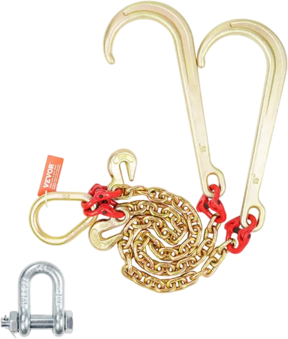 VEVOR G80 V Bridle Chain, 5/16" x 2' Towing Chain Bridle with 15" J Hooks and Grab Hooks, Heavy Duty Transport Tow Chain Bridle with 10800 lbs Safe Working Load for Flatbed Truck Wrecker Recovery