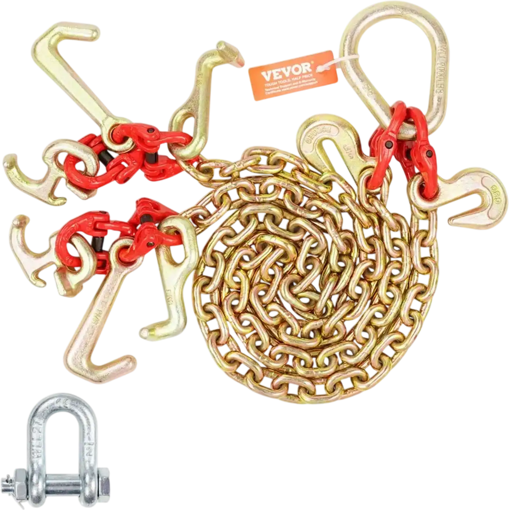 VEVOR G80 V Bridle Chain, 5/16" x 3' Towing Chain Bridle with R Hooks, T Hooks, J Hooks and Grab Hooks, Transport Tow Chain Bridle with 10800 lbs Safe Working Load for Flatbed Truck Wrecker Recovery