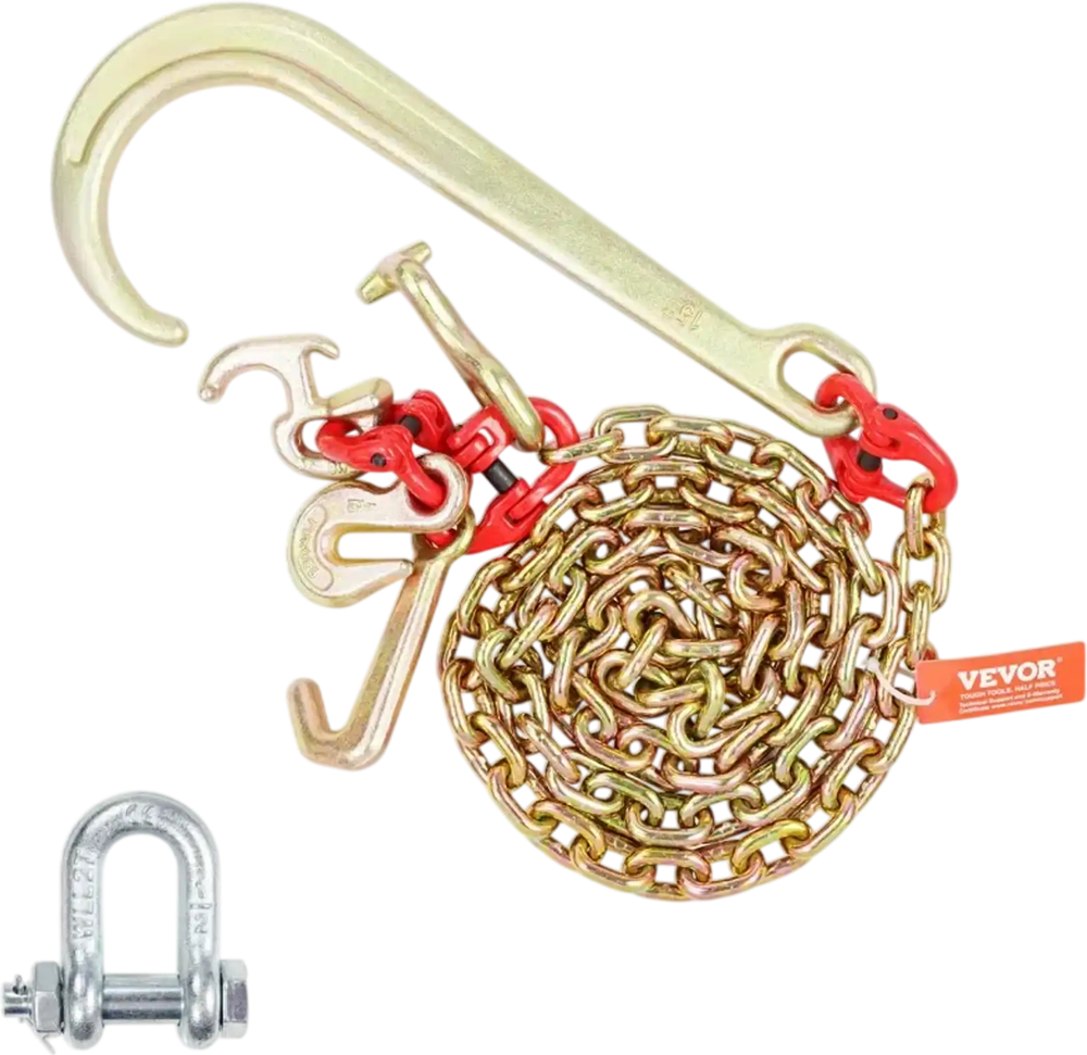VEVOR J Hook Chain, 5/16" x 6' G80 15" Long Shank J Hook Tow Chain with RTJ Cluster Hook & Grab Hook, 5400 lbs Safe Working Load, Heavy Duty Transport Truck Chain for Wrecker Recovery Trailer Towing
