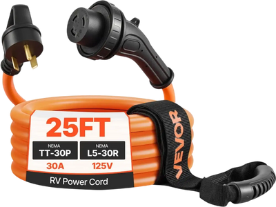 VEVOR 30 Amp 25 Feet RV Power Cord, 125V 3750W, Heavy Duty 10/3 Gauge STW Generator Cord, NEMA TT-30P to NEMA L5-30R, with Twist Lock, Indicator Light, Grip Handle, 15A Adapter, for RV Trailer, Orange