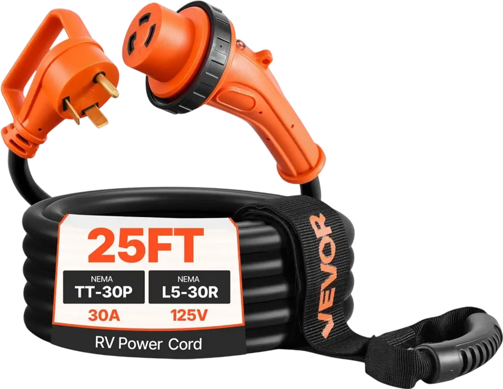 VEVOR 30 Amp 25 Feet RV Power Cord, 125V 3750W, Heavy Duty 10/3 Gauge STW Generator Cord, NEMA TT-30P to NEMA L5-30R, with Twist Lock, Indicator Light, Grip Handle, 15A Adapter, for RV Trailer, Black