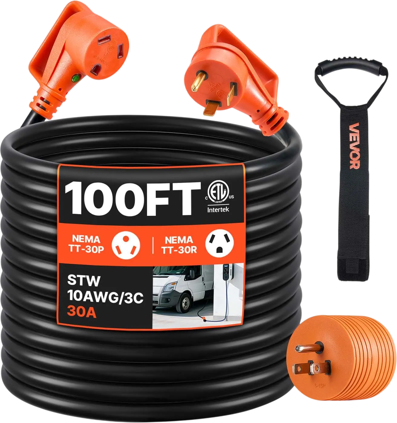 Vevor RV Extension Cord 100 ft. 30 Amp 125V NEMA TT-30 with 15A Adapter New