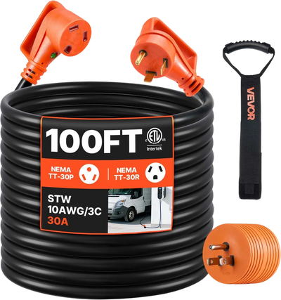Vevor RV Extension Cord 100 ft. 30 Amp 125V NEMA TT-30 with 15A Adapter New