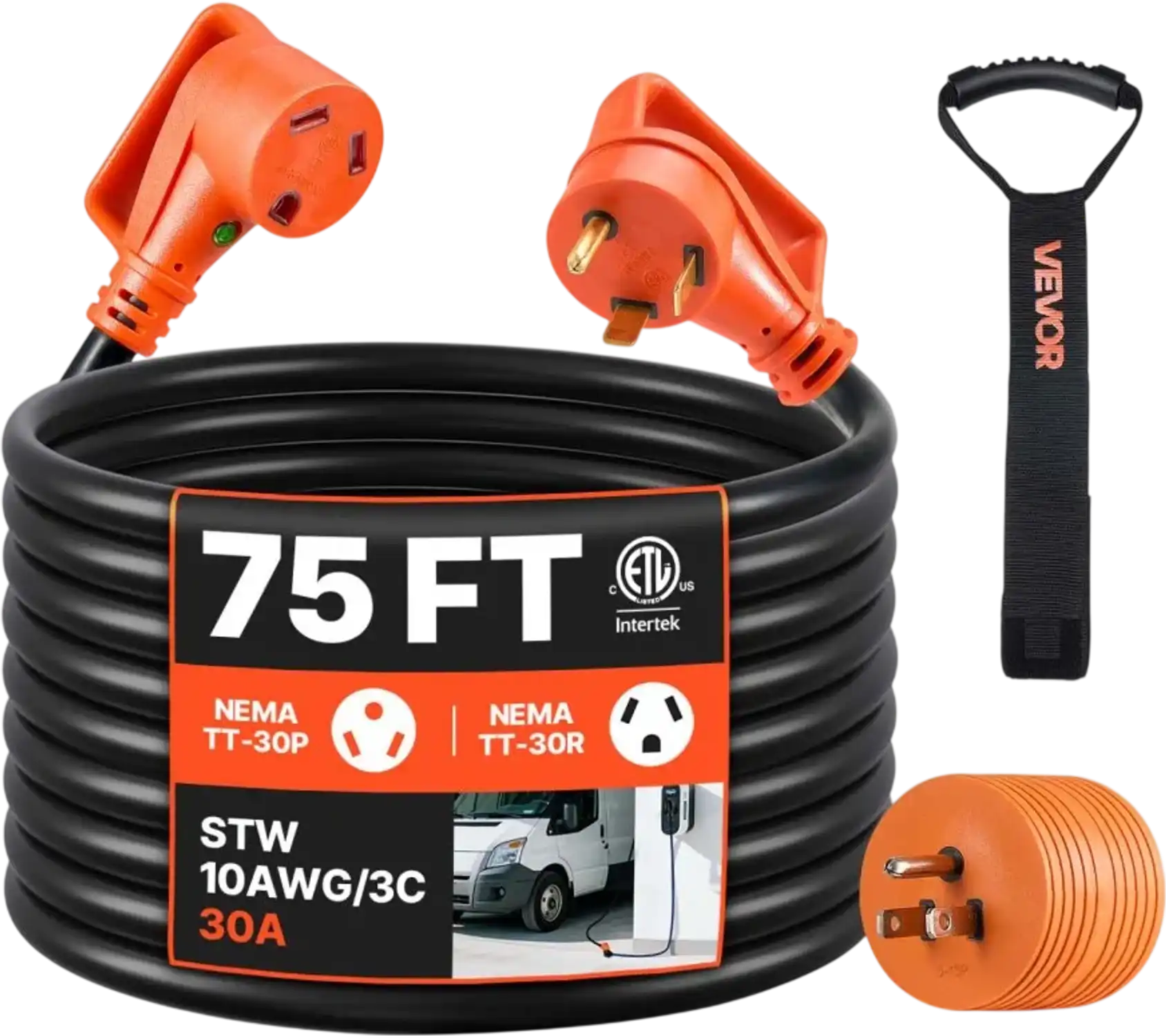 Vevor RV Extension Cord 75' 30A Heavy Duty STW 10/3 Gauge Wire with LED Indicator and 15A Adapter New