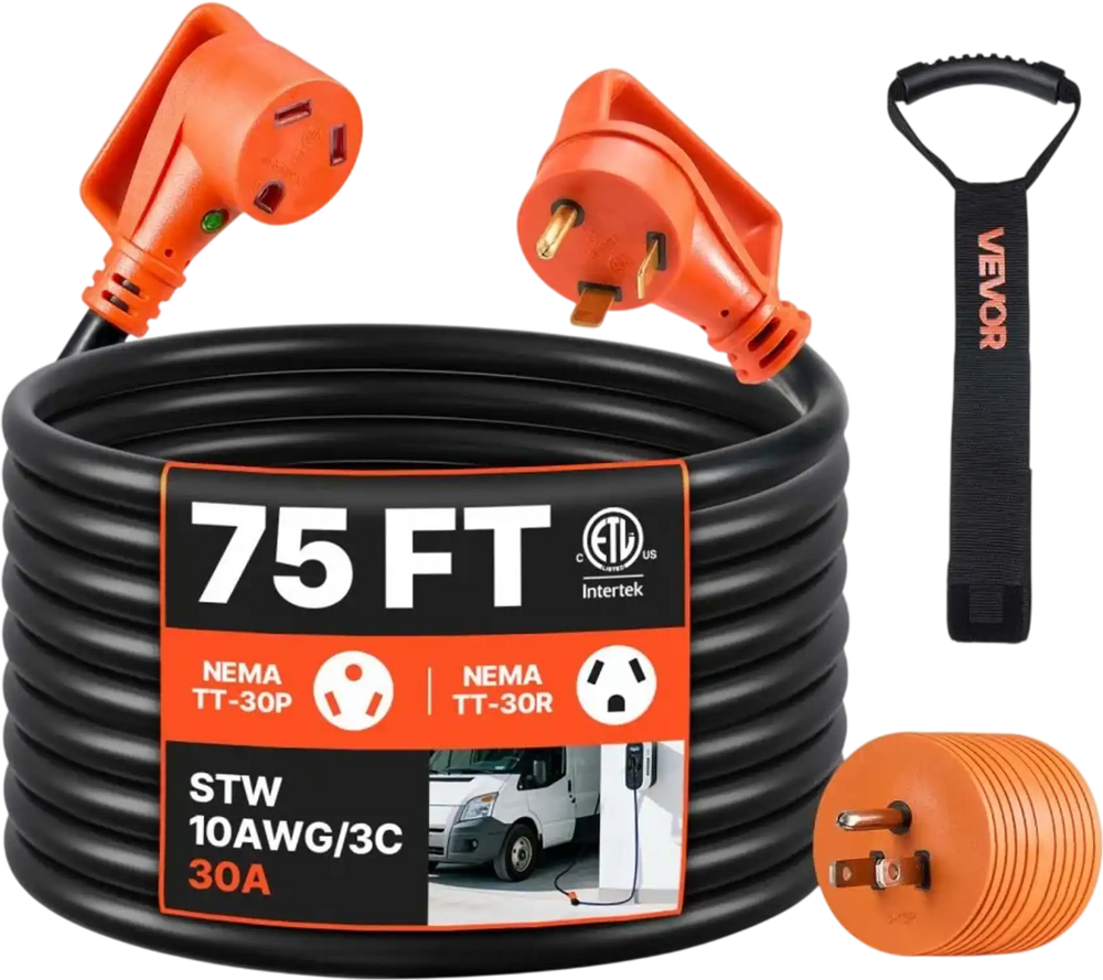 VEVOR 75 FT RV Extension Cord, 30 Amp, 125V 2500W Heavy Duty STW 10/3 Gauge Wire, NEMA TT-30P Male NEMA TT-30R Female Plug, with LED Power Indicator, Handle, 15A Adapter, for RV Trailer, ETL Listed