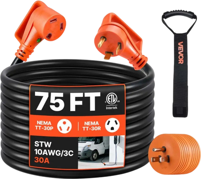 VEVOR 75 FT RV Extension Cord, 30 Amp, 125V 2500W Heavy Duty STW 10/3 Gauge Wire, NEMA TT-30P Male NEMA TT-30R Female Plug, with LED Power Indicator, Handle, 15A Adapter, for RV Trailer, ETL Listed