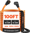 VEVOR 50 Amp 100 Feet RV Extension Cord, 125V/250V, Heavy Duty 6/3 + 8/1 Gauge STW RV Power Cord, NEMA 14-50P to NEMA 14-50R, with Power Indicator, Cord Organizer, 15A Adapter, for Camper Trailer