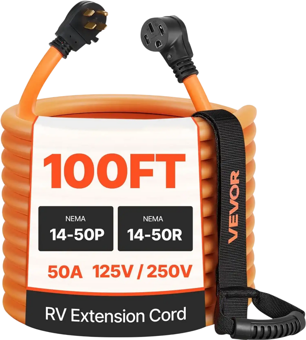 VEVOR 50 Amp 100 Feet RV Extension Cord, 125V/250V, Heavy Duty 6/3 + 8/1 Gauge STW RV Power Cord, NEMA 14-50P to NEMA 14-50R, with Power Indicator, Cord Organizer, 15A Adapter, for Camper Trailer