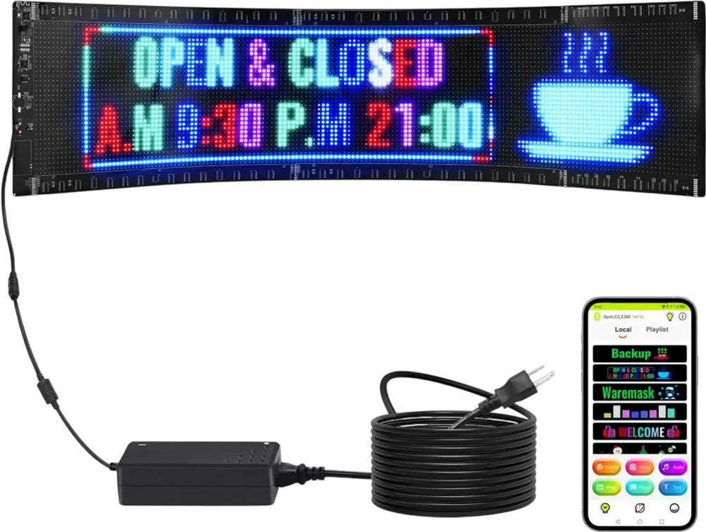 VEVOR Programmable LED Sign, P5 Full Color LED Scrolling Panel, DIY Custom Text Animation Pattern Display Board, Bluetooth APP Control Message Shop Sign for Store Business Car Advertising, 32.9"x8"