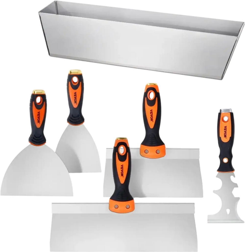 VEVOR Drywall Knife Set, 6 PCS Drywall Tools Includes 3" Painter Scraper, Two Putty Knives,  Two Taping Knives and 12" Mud Pan, Stainless Steel Spackle Tool, Drywall Finishing Tools for Home