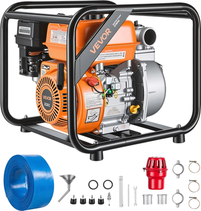 VEVOR Gas Powered Water Pump, 2 in, 132 GPM 7HP Semi Trash Water Transfer Pump Portable, Gasoline Engine with 25 ft Discharge Hose, Heavy Duty Frame, Cast Iron Impeller, for Irrigation, Ponds, Pools