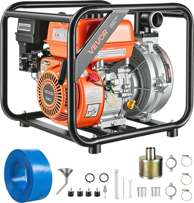 VEVOR Gas Powered Water Pump, 2 in, 128 GPM 6HP Semi Trash Water Transfer Pump Portable, Gasoline Engine with 25 ft Discharge Hose, Heavy Duty Frame, Cast Iron Impeller, for Irrigation, Ponds, Pools